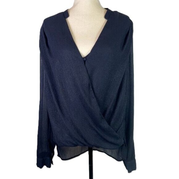 H&M Navy Shimmer Faux Wrap Blouse Long Sleeves V Neck Overlay Sheer Size 14 - Picture 1 of 13